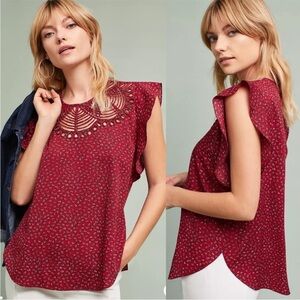 ANTHROPOLOGIE Ranna Gill Cutout Red Floral Flutter Sleeve Markie Blouse XL